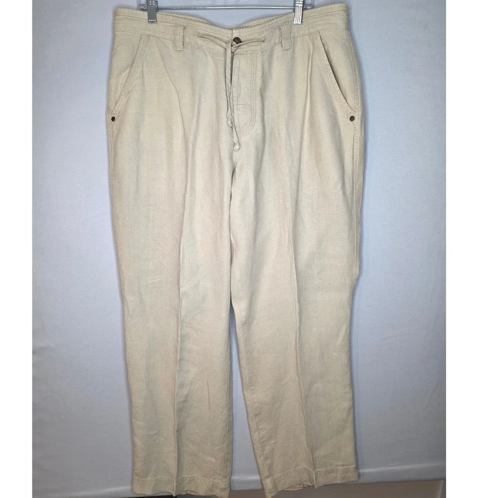 Murano Linen Pants Mens 38x30 Beige‎ Drawstring Button Fly Trousers vacation